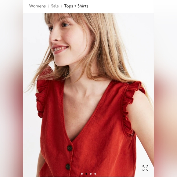 Madewell Red Ruffle Sleeveless V-Neck Linen Blouse - Picture 4 of 8